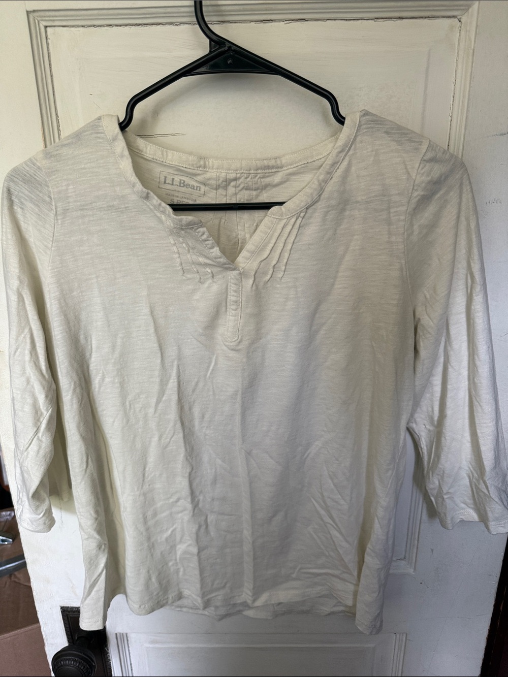 L.L. Bean White 3/4-Sleeve Henley with Pintuck Neck